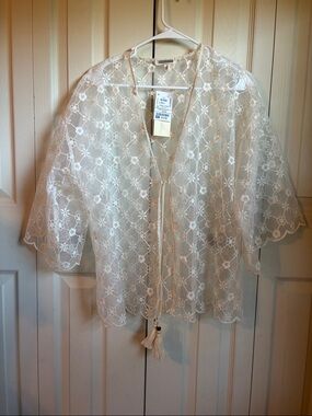 Semi-Sheer White Lace Tie-Front Tunic Top